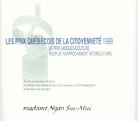 Ngan Siu-Mui a reçu le Certificat Québécois de la citoyenneté pour le rapprochement culturel