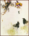 Two chickens and worm, Chinese Painting by Ngan Siu-Mui, Lingnan School style