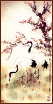 Cranes and plum tree, Chinese Painting by Ngan Siu-Mui, Lingnan School style