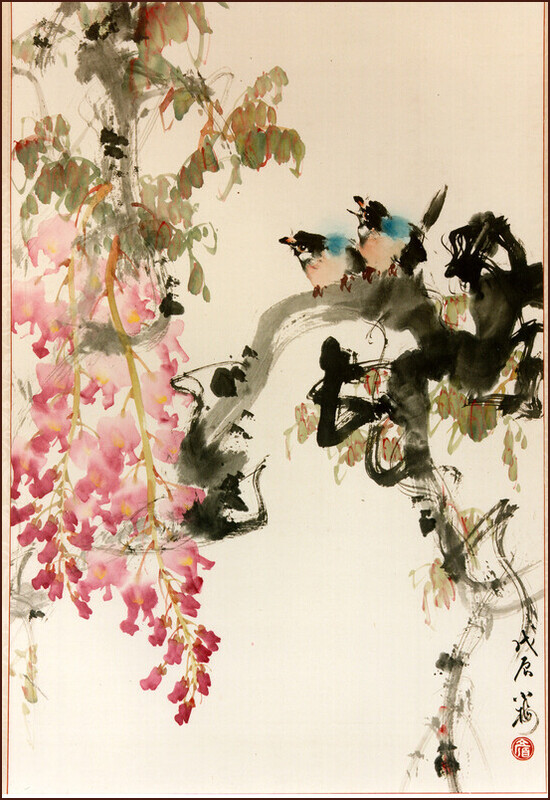 Wisteria and birds, Painting by Ngan Siu-Mui