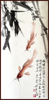 Fishes and Bamboo, Chinese Painting by Ngan Siu-Mui, Lingnan School style