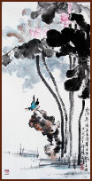 Lotus and bird, Chinese Painting by Ngan Siu-Mui, Lingnan School style