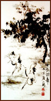 Dancing cranes, Chinese Monochrome Painting by Ngan Siu-Mui, Lingnan School style