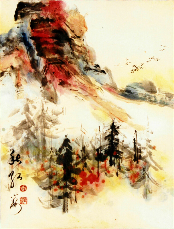 加拿大山水之夏炎加拿大洛磯山 秋紅, 顏小梅國畫, 1996