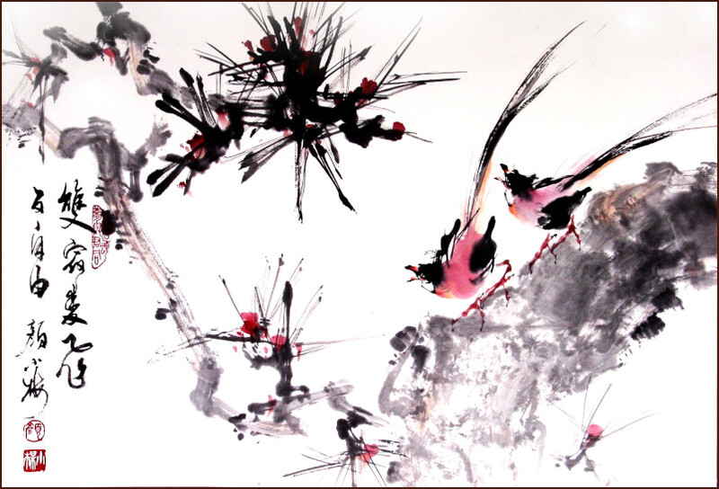 雙鳥, 松, 顏小梅國畫