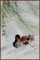 Duck in Springtime,Chinese Painting by Ngan Siu-Mui, Lingnan School style, Inspired by Su Shi's poem