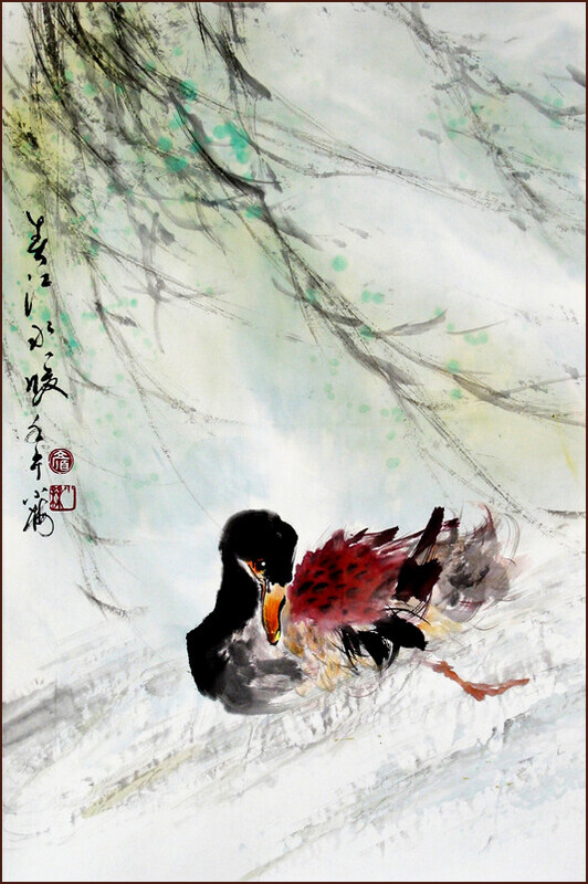 野鴨, 顏小梅國畫, 取意蘇軾詩句[春江水暖鴨先知]