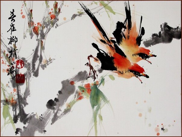 Nightingales in Spring, Chinese Painting by Ngan Siu-Mui