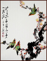 Plum Flowers and Three Birds, Chinese Painting by Ngan Siu-Mui