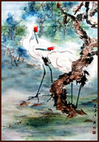 Two Cranes, Chinese Painting by Ngan Siu-Mui, Lingnan School style