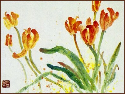 Tulips – Chinese Watercolor Painting in Lingnan style by Linda Prenoveau (NganSiuMui.com)