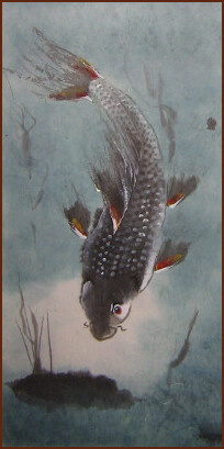 Carp – Chinese Watercolor Painting in Lingnan Style by Viviane Rousseau (NganSiuMui.com)