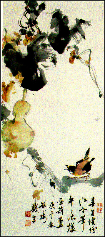 Calebasse et oiseau, Peinture chinoise par Ngan Siu-Mui