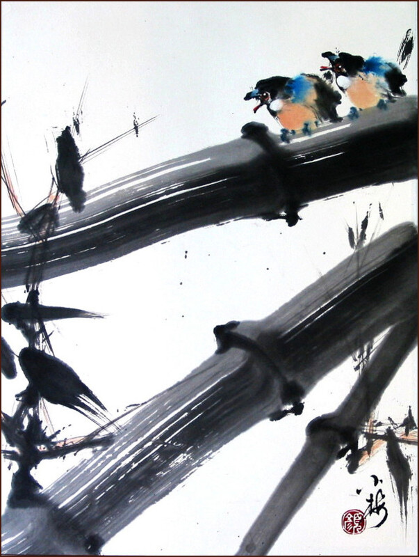 Bambou et deux oiseaux, Peinture chinoise par Ngan Siu-Mui