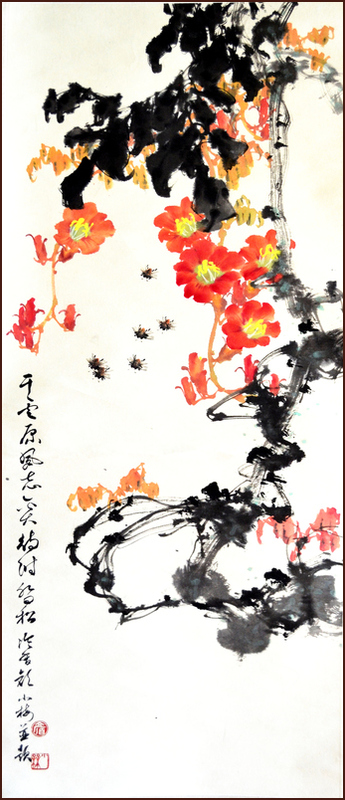 Campsis et abeilles, Peinture chinoise par Ngan Siu-Mui