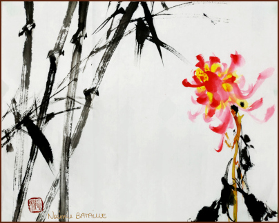 Bambou et Chrysanthème – Aquarelle chinoise dans le style de l'École Lingnan par Noémie Bataille (NganSiuMui.com)